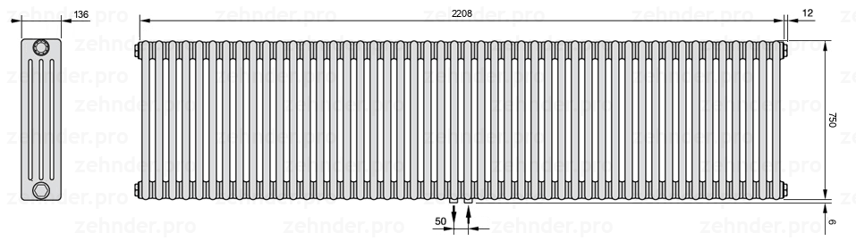 Схема (чертеж) Радиатор Zehnder Charleston 4075/48 №5410 Белый глянцевый RAL 9016